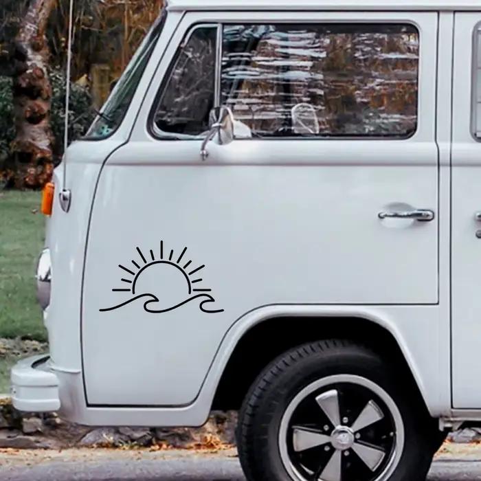 Autocollants de style de voiture de conception de soleil et de vague, décalcomanies de voyage en vinyle, décoration de pare-chocs de fenêtres, camping-cars, moto, maison