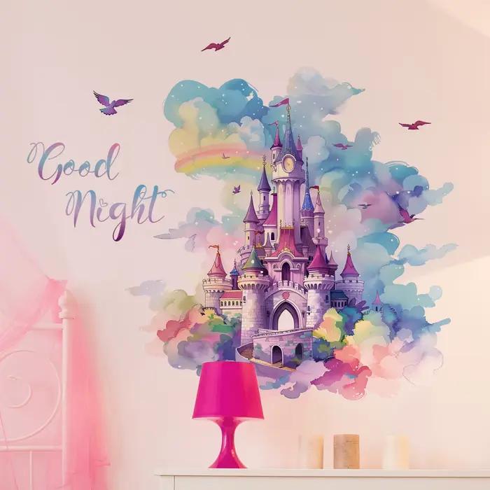 Autocollant mural en vinyle château arc-en-ciel pour enfant
