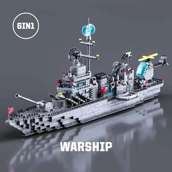 Ensemble de blocs de construction de navires militaires 6 en 1 de 65,5 cm, jouets de bataille pour garçons, modèles de bateaux et d'avions de l'armée, jouets en briques, cadeaux de Noël