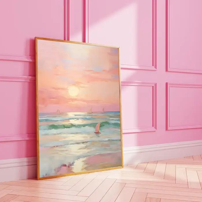 Affiche encadrée imprimée Coucher de soleil pastel rose poudré