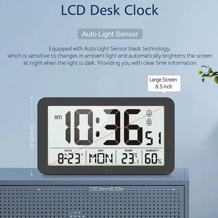 Grande horloge murale numérique avec calendrier de température et d'humidité