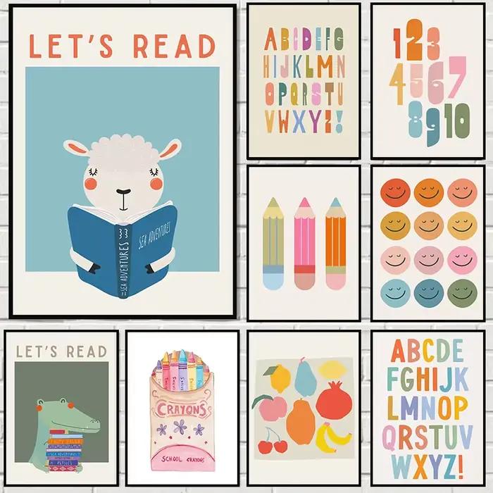 Affiches colorées de lecture pour enfants, imprimés modernes pour salle de classe d'enfant en bas âge, peinture sur toile, images murales, décor de chambre d'enfant de maison