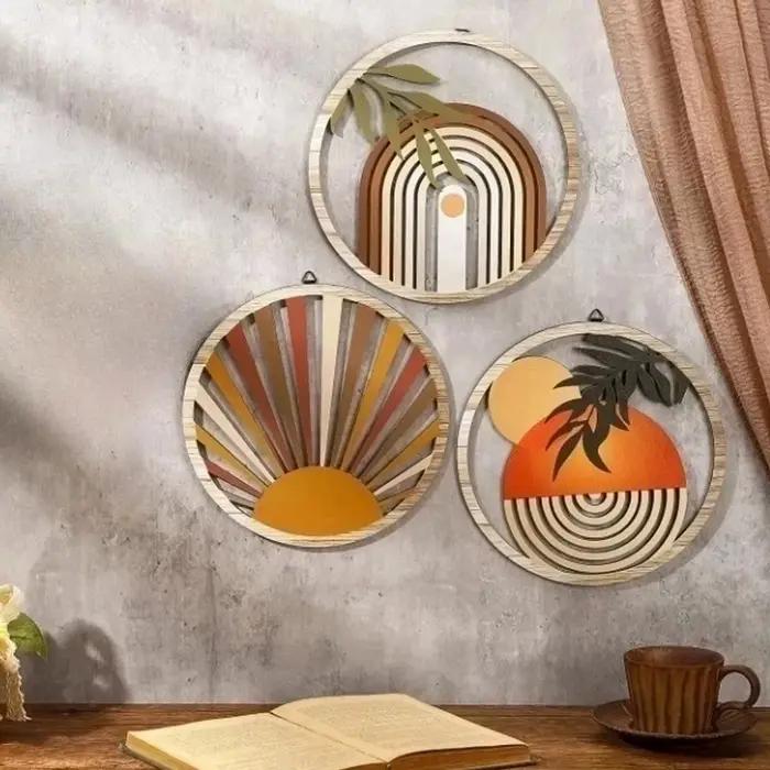 Lot de 3 décorations murales bohèmes en bois rondes ajourées