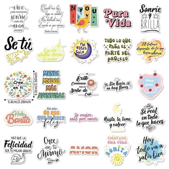 50 autocollants graphiques espagnols inspirants avec des phrases de texte créatives personnalisées pour décorer les téléphones mobiles et les ordinateurs