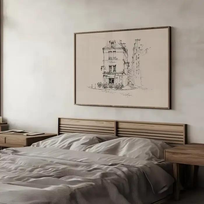 Affiche imprimée sur toile représentant un paysage urbain antique, la ligne de skyline de Paris, un café, un dessin au trait, un arbre, un croquis, peinture murale, décoration intérieure, cadeau