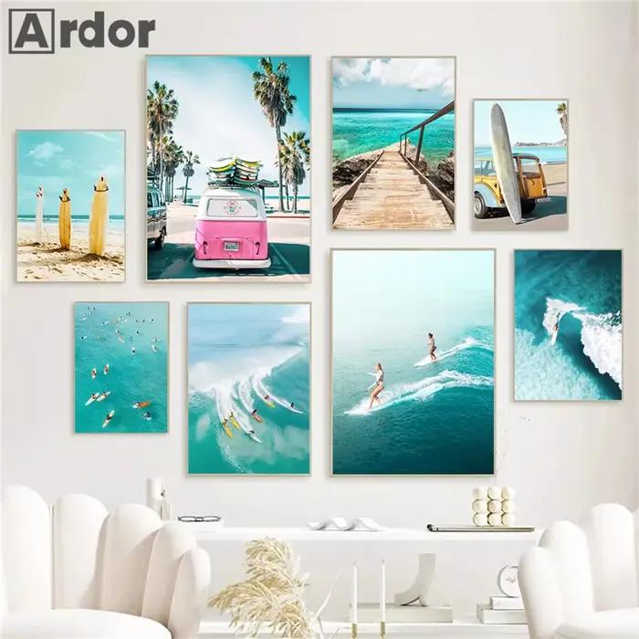 Affiche de mer nordique pour décoration de salon, impression d'art mural, peinture sur toile, plage d'été, surf, natation, bus, planche de surf