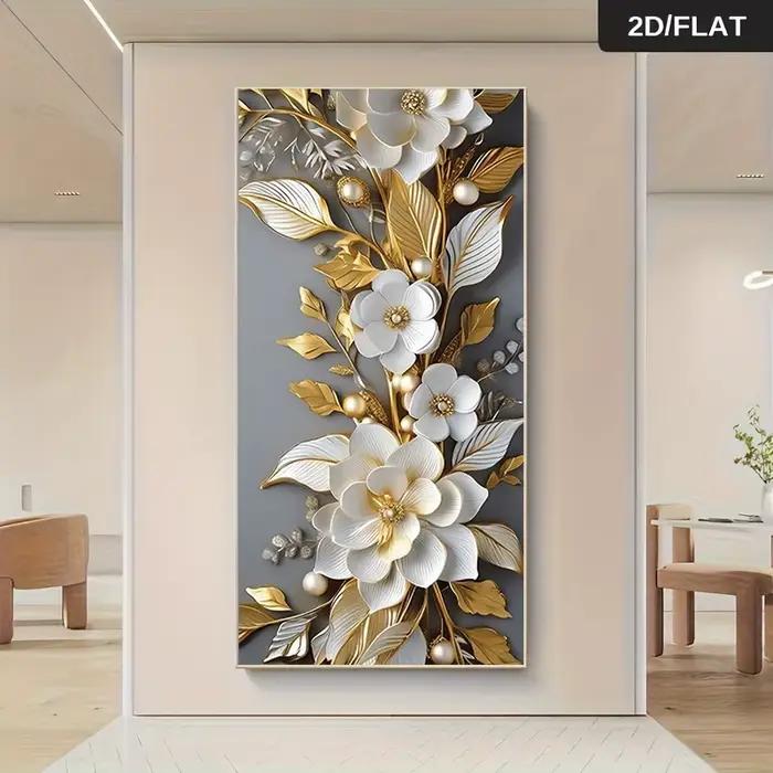 1 peinture sur toile moderne et luxueuse avec des fleurs dorées et blanches