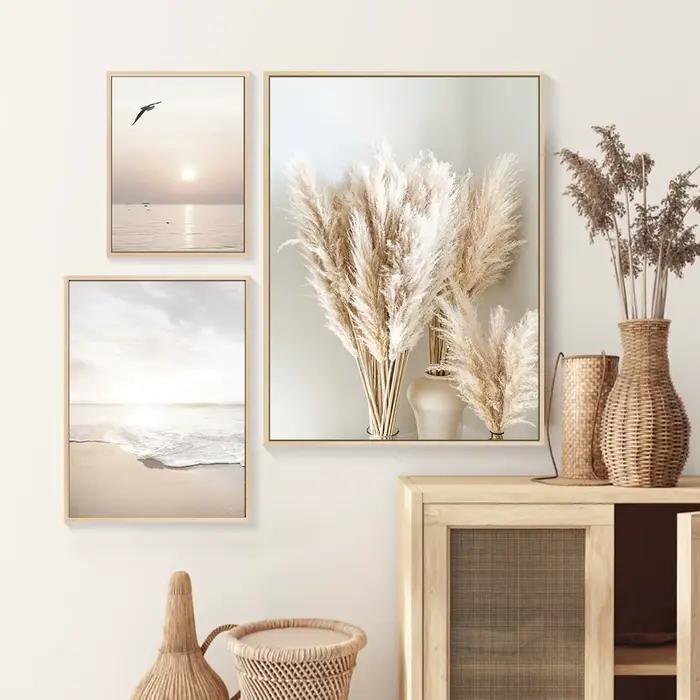 3 pièces lever du soleil plage vague de mer Beige paysage impressions sur toile parfait