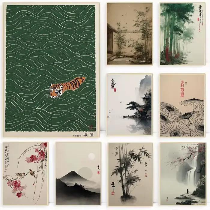 Affiche de paysage asiatique traditionnel japonais rétro ukiyo-e Zen