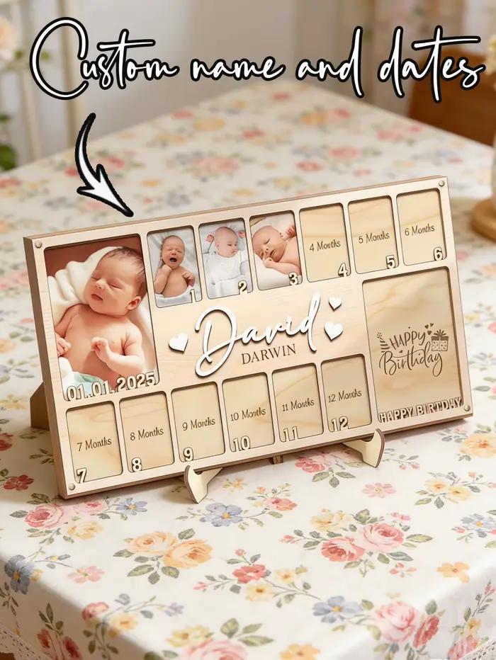 Cadre photo en bois personnalisé pour bébé, avec nom et date, plaque de photos mensuelle pour les étapes importantes, souvenir de la maternité pour nouveau-né
