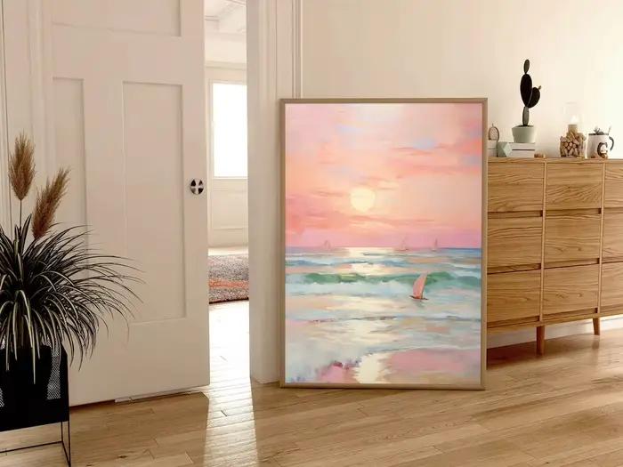 Affiche encadrée imprimée Coucher de soleil pastel rose poudré