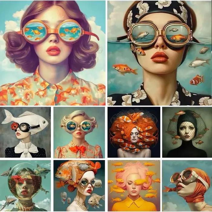 Surréalisme femme Portrait toile peinture mur Art merveilleux fantaisie poisson et fille affiche imprime pour salon décor à la maison