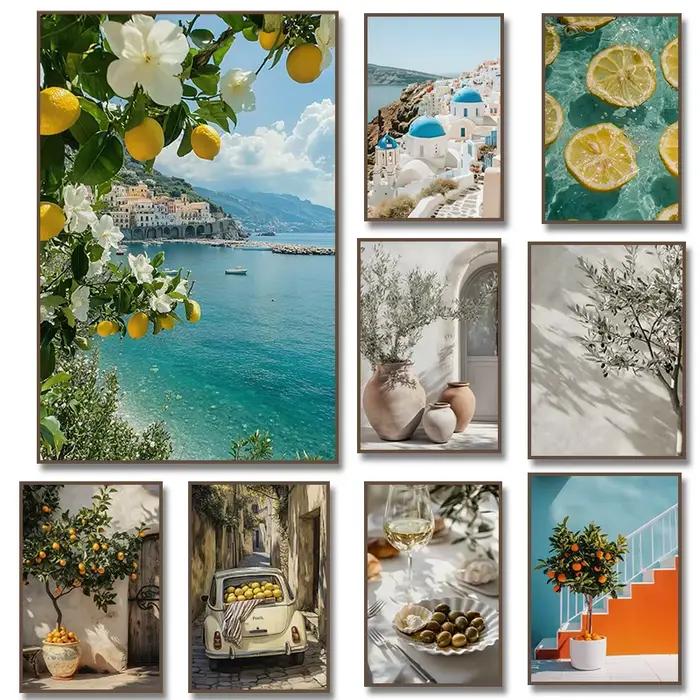 Tableau sur toile imprimé Paysage Méditerranéen Rétro Italie Citron Orange Olives Grèce