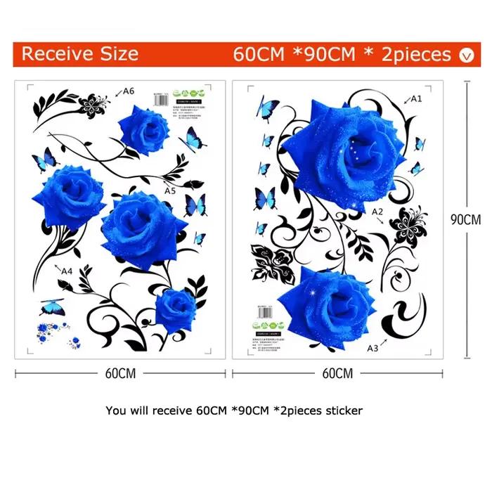 Autocollants muraux de fleurs de rose bleue de grande taille