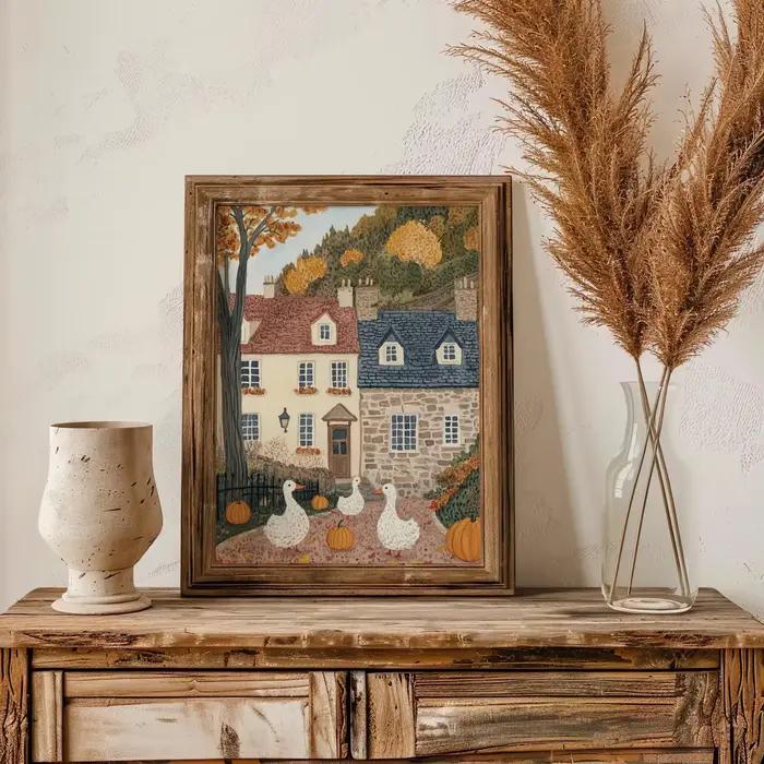 Automne Village impression ferme décor mur Art canard avec citrouille téléchargement numérique