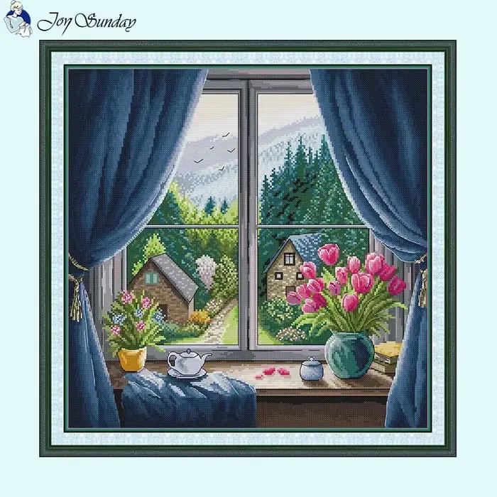 Modèles de paysages de rebord de fenêtre de tulipe