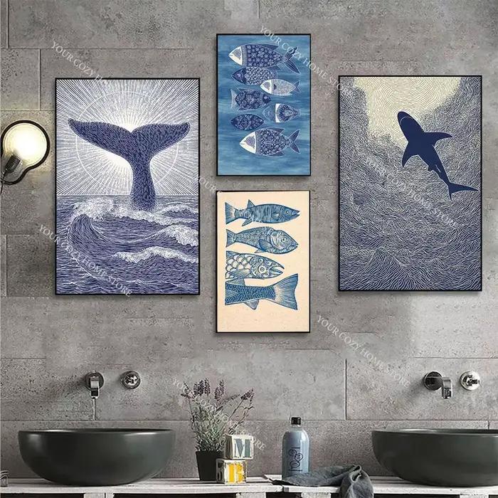 Affiche d'art minimaliste nautique avec poissons et vagues