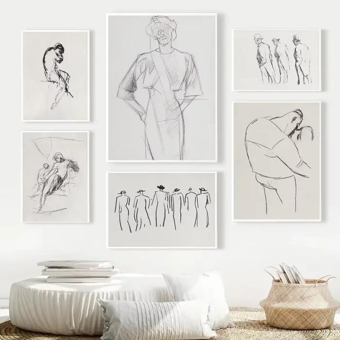 Peinture sur toile sans cadre pour la décoration murale de la maison, rétro, abstrait, simple, noir et blanc, stylo, crayon, ligne, personnes, affiche, art, impression
