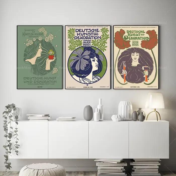 Ensemble d'affiches Art Nouveau de 3 imprimés de décoration féminine de Style rétro