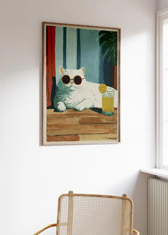 Affiche Cool Cat Lemonade | Illustration d'un chat blanc avec des lunettes de soleil | Impression artistique Summer Cat