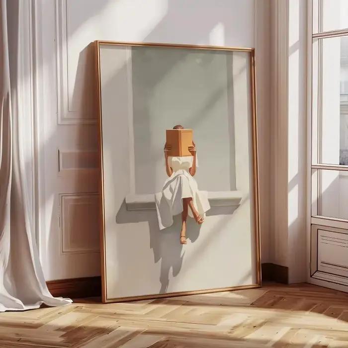 Impression sur toile d'une femme moderne lisant assise sur le mur de la fenêtre