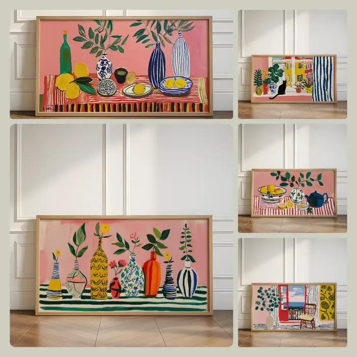 Série Matisse, toile murale abstraite avec chat noir et fleurs colorées dans un vase