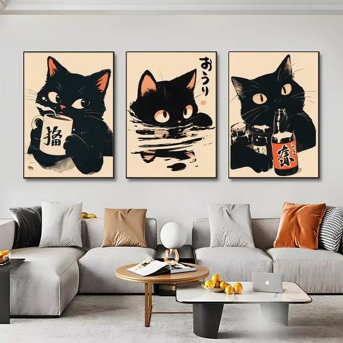 Affiche rétro mignonne de chat noir, décoration murale pour chambre, autocollants imperméables pour la maison, le bar, la chambre à coucher
