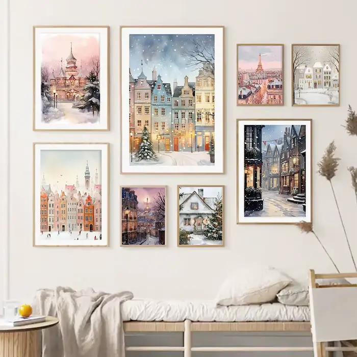 À Paris maison de neige arbre de noël ville enneigée mode mur Art toile peinture nordique affiche décor romantique hiver