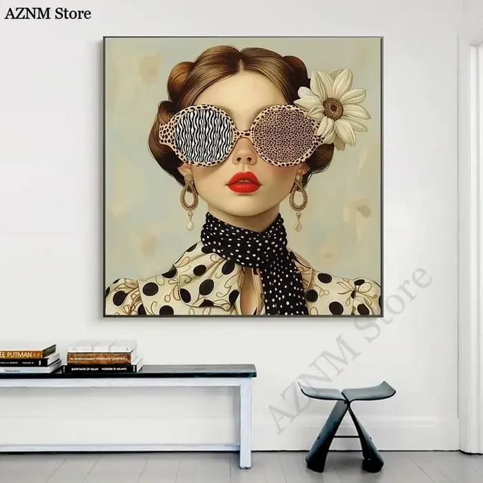 Lunettes femme avec fleurs nordique Boho mur Art toile peinture papillon avec fille Portrait affiche pour salon décor à la maison