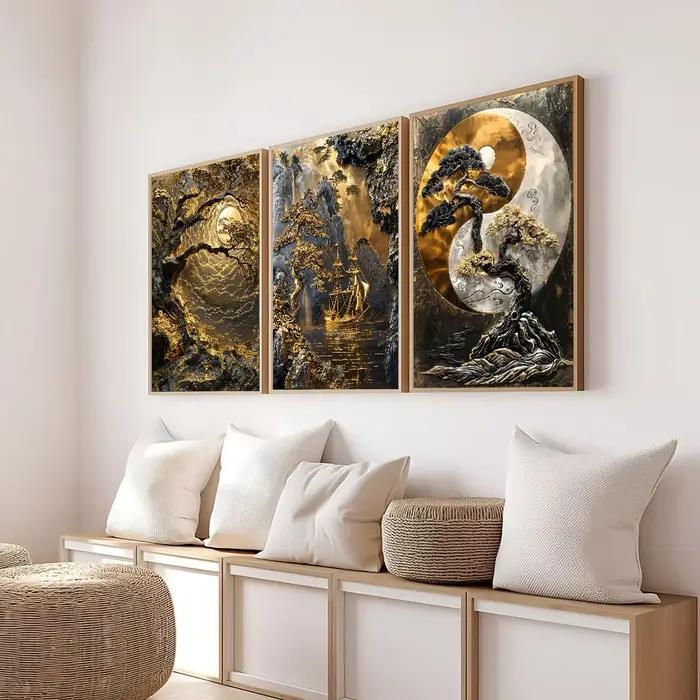 Toile de peinture abstraite d'arbre doré et de lune