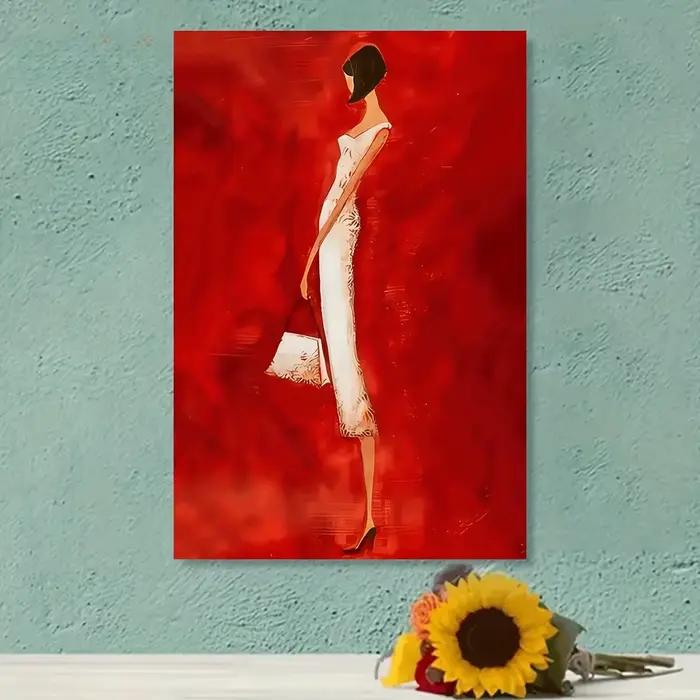 Affiche imprimée de femme abstraite moderne en robe blanche, peinture sur toile rouge vif, tableau d'art mural pour salon, décoration de maison, cadeau