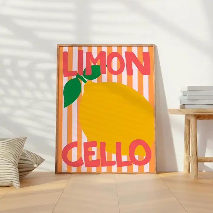 Impression sur toile moderne avec motif de limoncello italien et de citron - Affiche sur toile minimaliste d'été sans cadre pour la décoration du salon et de la cuisine