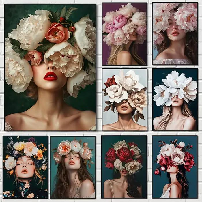 Déesse du printemps femme féminine élégante minimaliste rétro fleur couronne de tête affiche toile peinture mur Art photo chambre décor