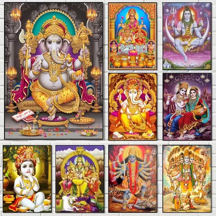 Religion éléphant dieu inde hindouisme Ganesha peinture toile Durga doré Zari Art affiche imprime salon décor à la maison photos