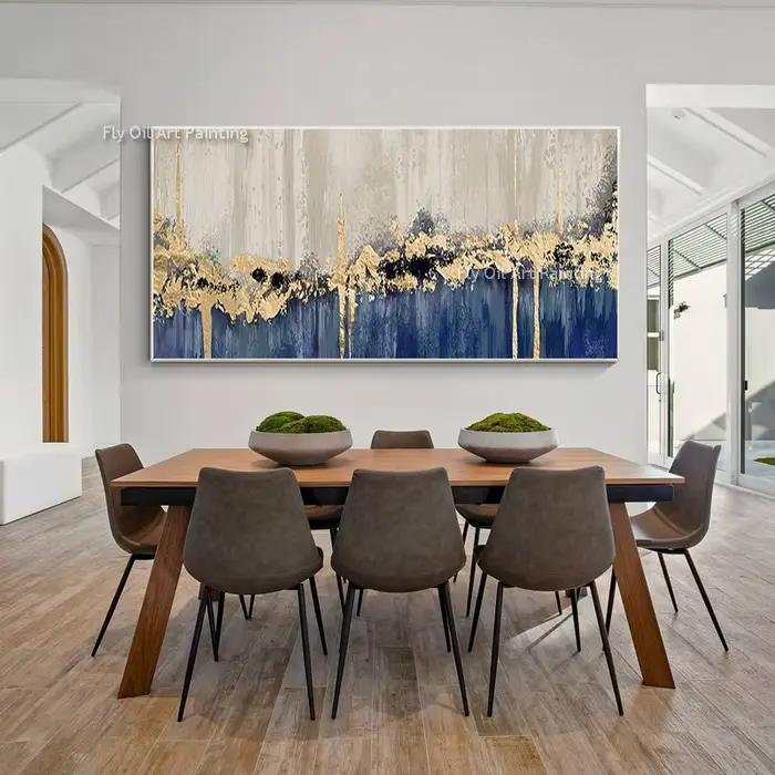 Toile moderne peinte à la main en feuille d'or bleue et Beige