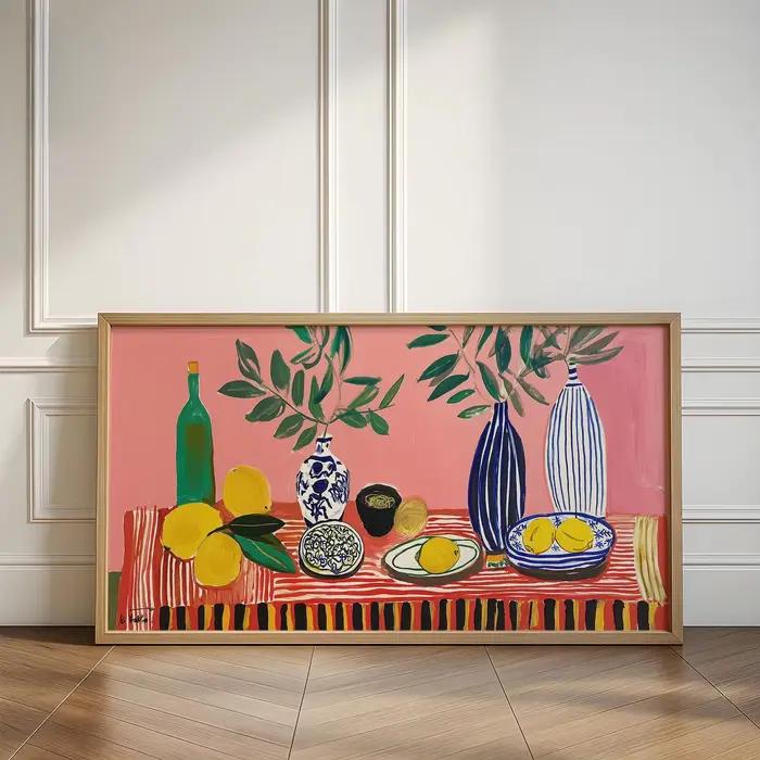 Série Matisse, toile murale abstraite avec chat noir et fleurs colorées dans un vase