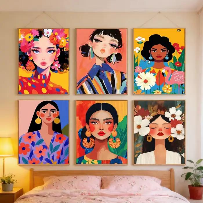 Peinture sur toile moderne minimaliste de portrait féminin floral