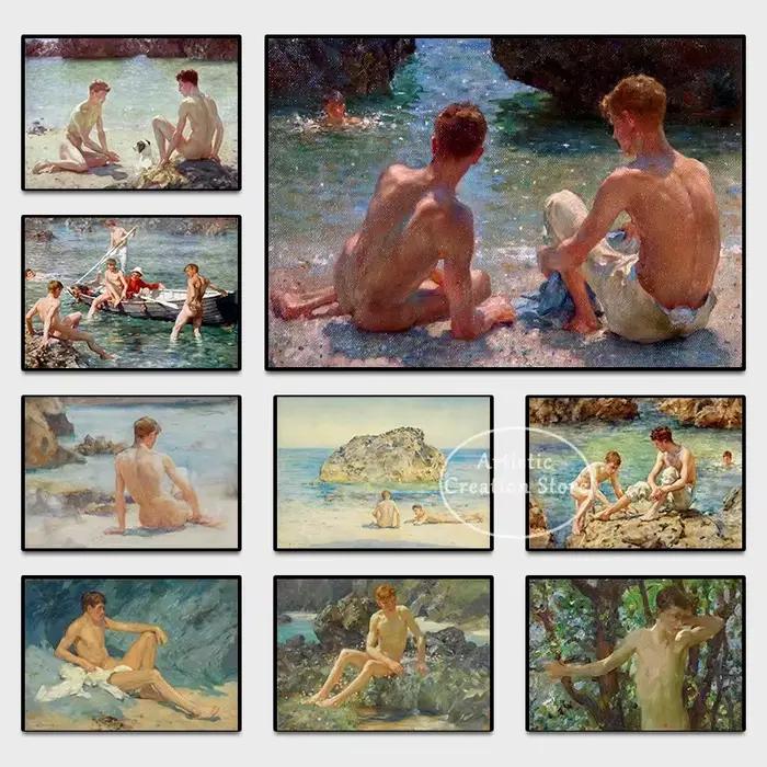 Vintage Gay Nude Man Art The Bathers par Henry Scott Tuke Prhonneur