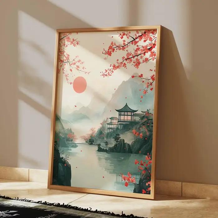 Affiche imprimée sur toile avec motif de fleurs de cerisier japonaises