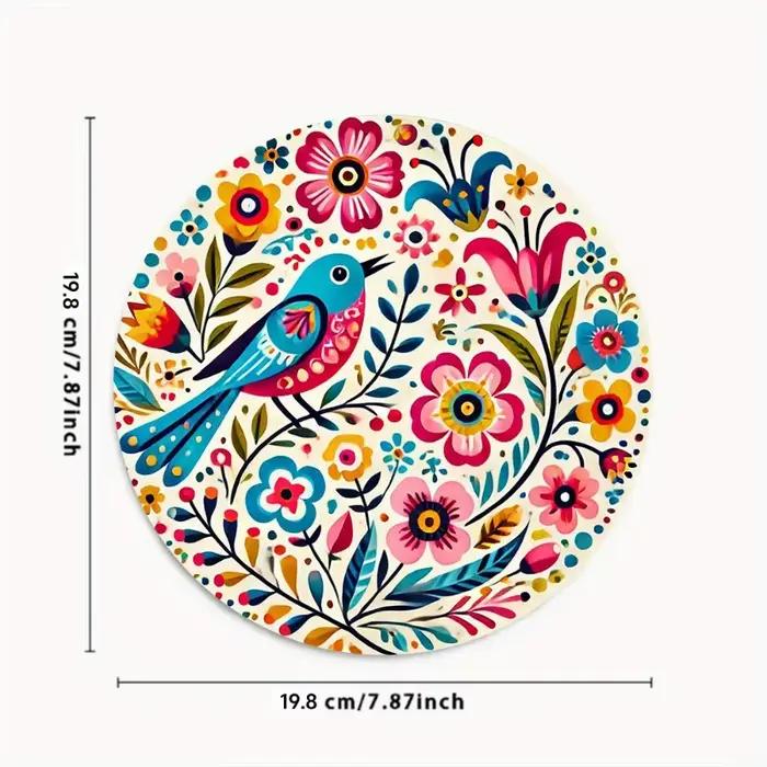 Art mural rond oiseau et fleur coloré 2D | Impression en aluminium