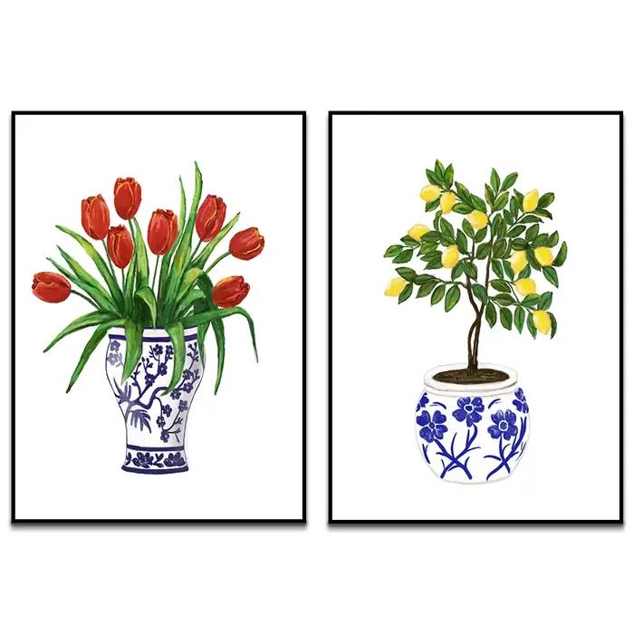 Citron, pot de fleur bleu et blanc