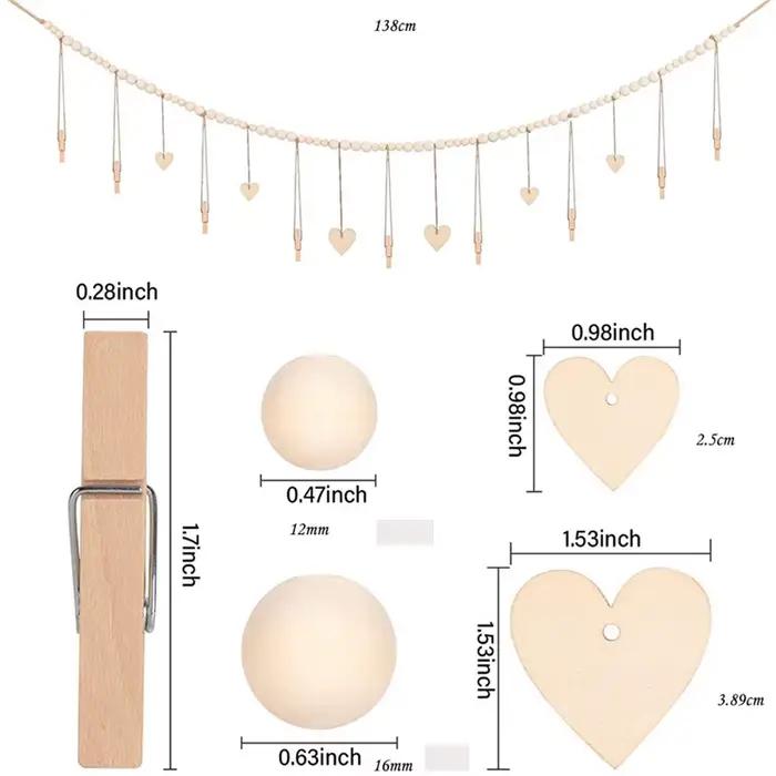 Décoration murale pour photos suspendues - Guirlande rustique bohème en perles de bois avec 9 pinces