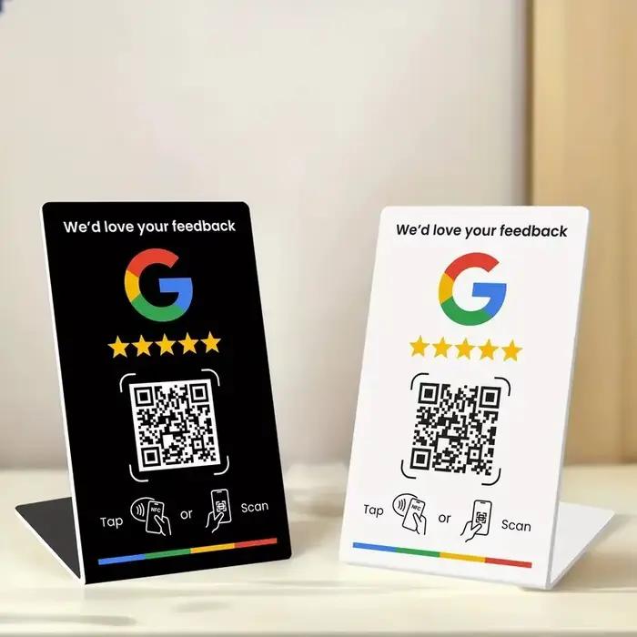 Support de code QR personnalisé pour avis Google, affichage de menu en acrylique, plaque pour réseaux sociaux Facebook, touchez ou scannez pour laisser un avis (NFC+QR)