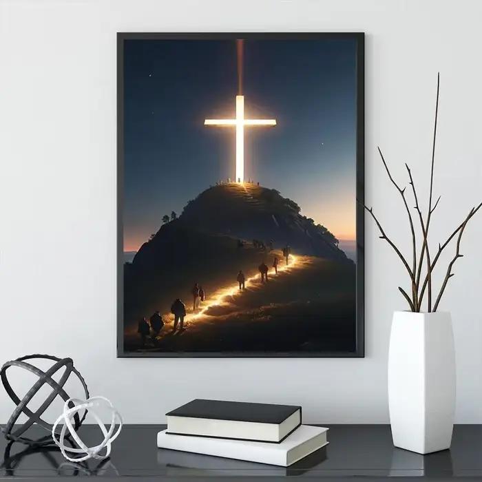Toile d'art mural avec croix chrétienne moderne sur le dessus de la montagne