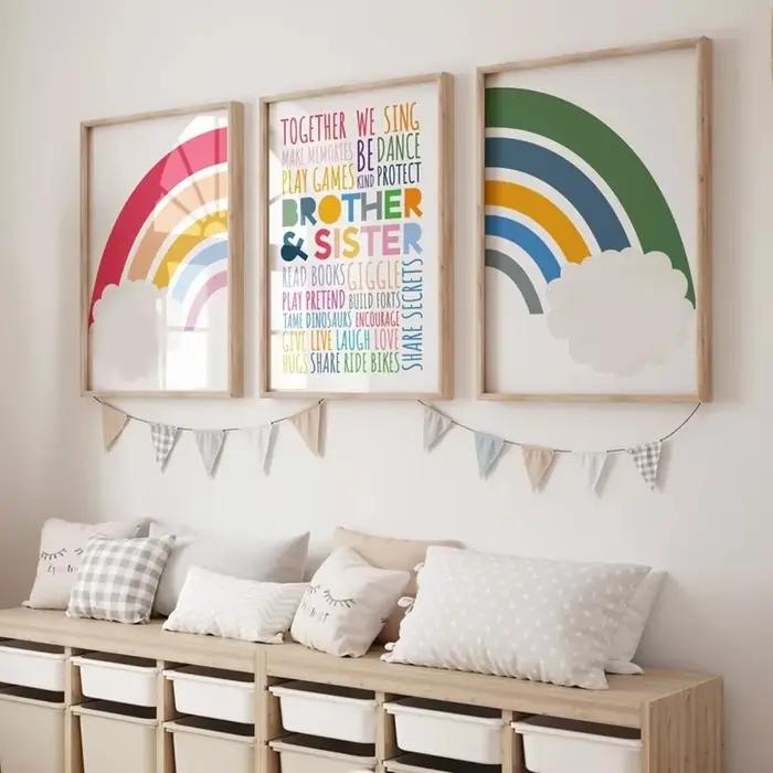 Dessin animé mignon enfant coloré arc-en-ciel citations pépinière mur Art toile peinture affiches pour enfants garçon fille salle de jeu décor à la maison