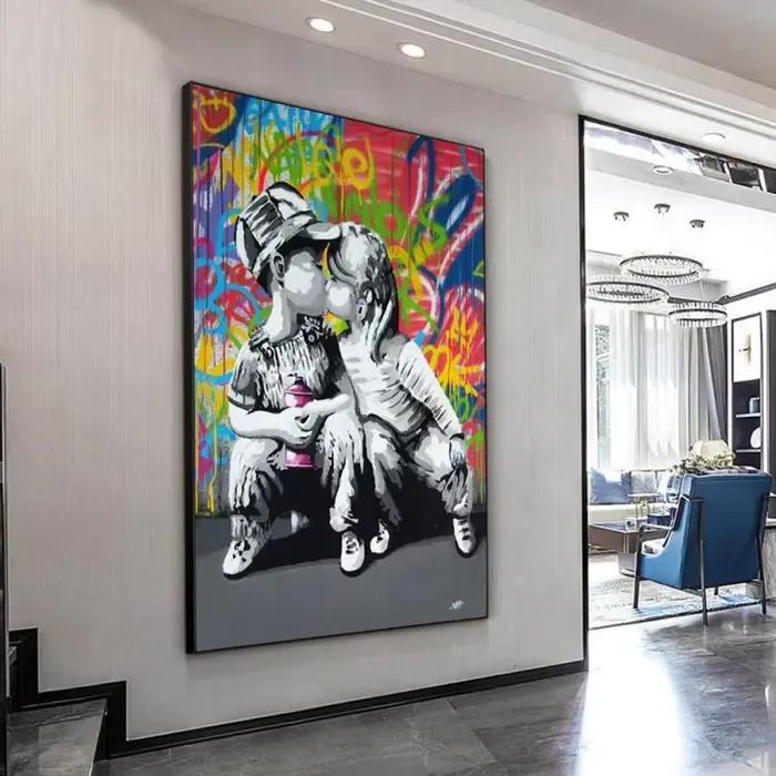 Pop Rue Graffiti Mur Art Banksy Garçon Fille Dans L'amour HD Huile Sur Toile Affiches Et Impressions Pour Salon Chambre Décor