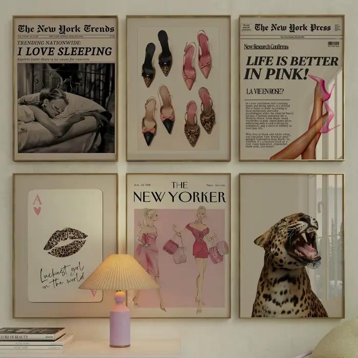 Nouveau Style Yorker rose léopard toile impression peinture Vintage rétro Magazine mur Art pour salon chambre bureau décor à la maison