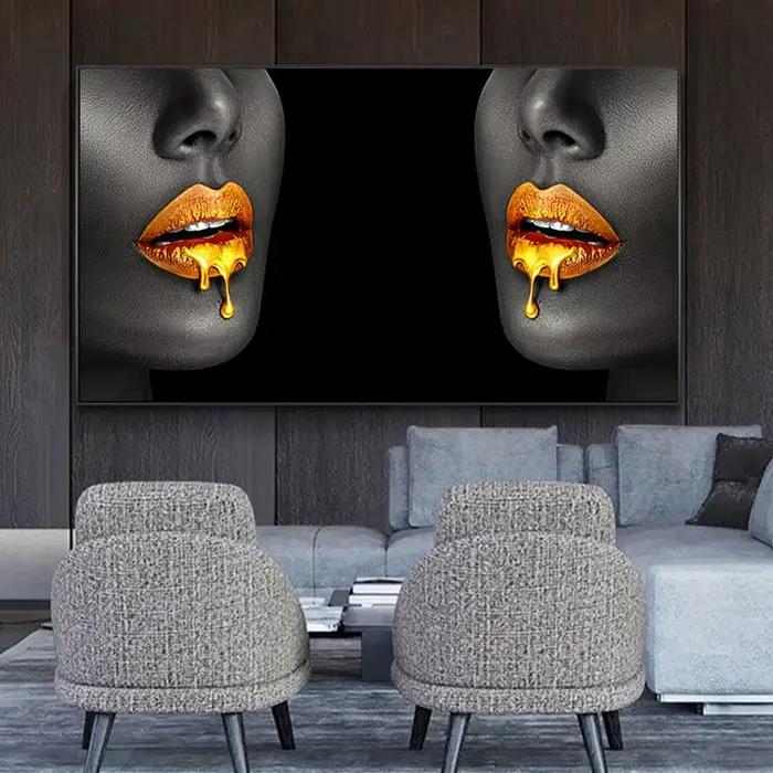 Grande taille femmes noires avec lèvres Sexy dorées peintures à l'huile sur toile moderne mur Cuadros photos maison salon Roon décor sans cadre