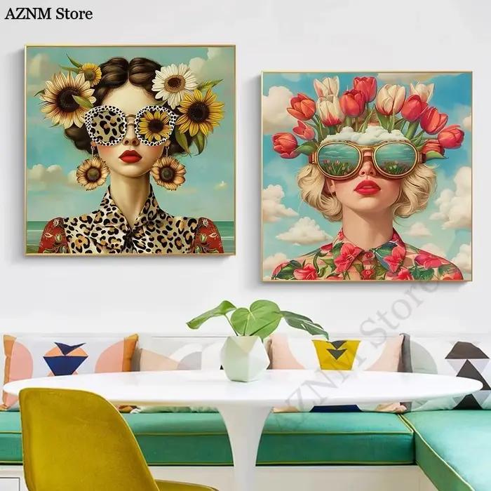 Lunettes femme avec fleurs nordique Boho mur Art toile peinture papillon avec fille Portrait affiche pour salon décor à la maison