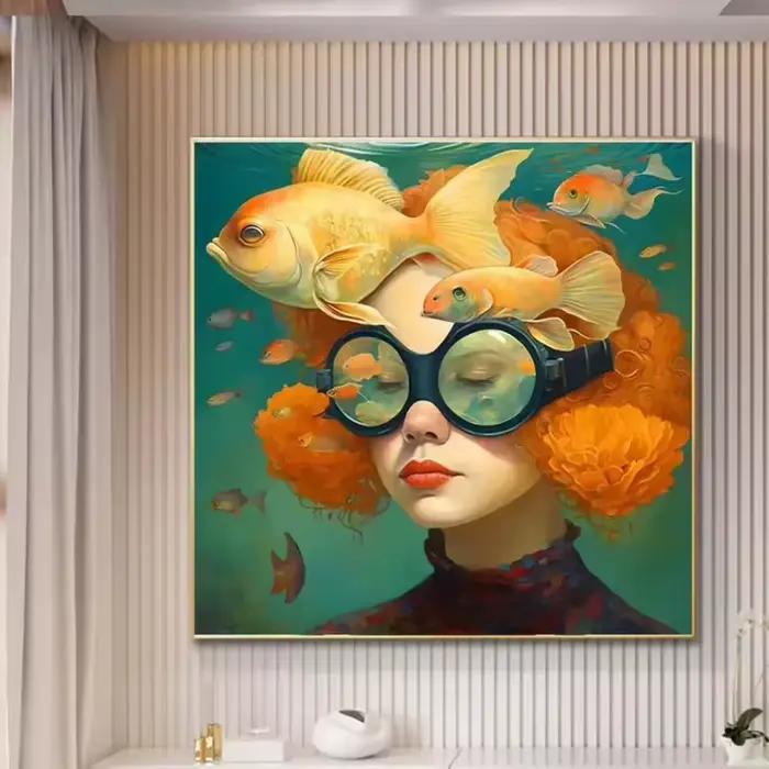 Surréalisme femme Portrait toile peinture mur Art merveilleux fantaisie poisson et fille affiche imprime pour salon décor à la maison